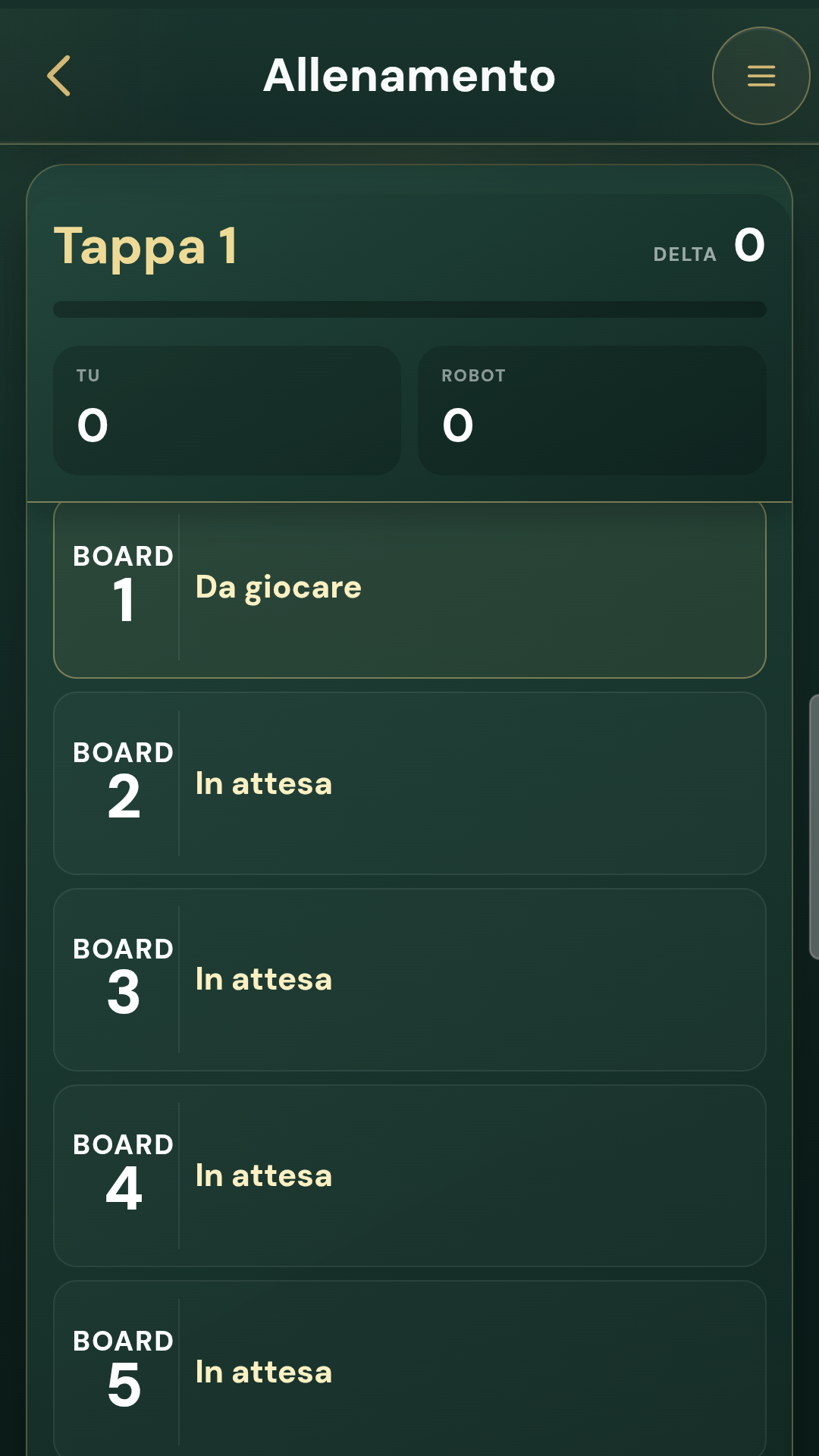 Pagina Allenamento con Tappa 1 e i board disponibili